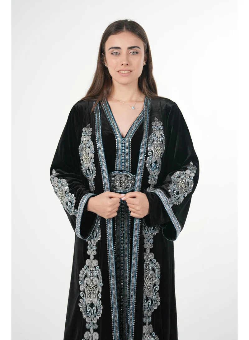 AL BENT AL SHARQIEH Velvet kaftan jalabiya dress with belt