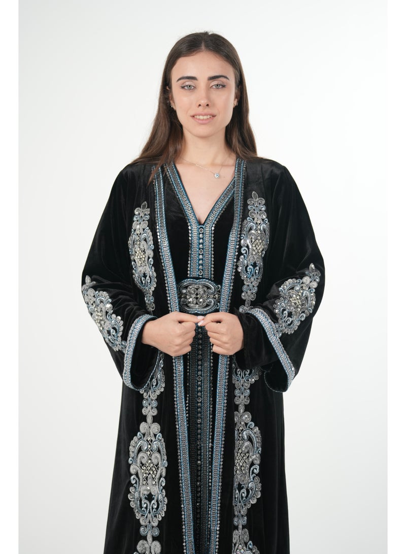 AL BENT AL SHARQIEH Velvet kaftan jalabiya dress with belt - Image 2