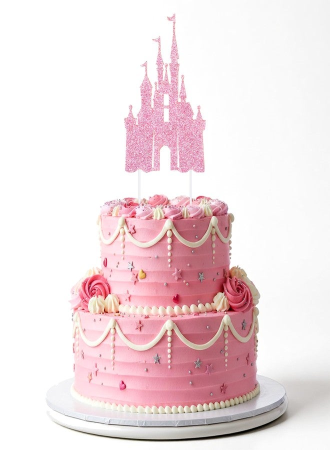 KFHENSOMR Castle Cake Topper Glitter Castle Theme Birthday Cake Decorating Supplies Princess Cakes Topper Baby Shower Birthday Party Supplies Photo Booth Props Party Decorations Light Pink - Image 1
