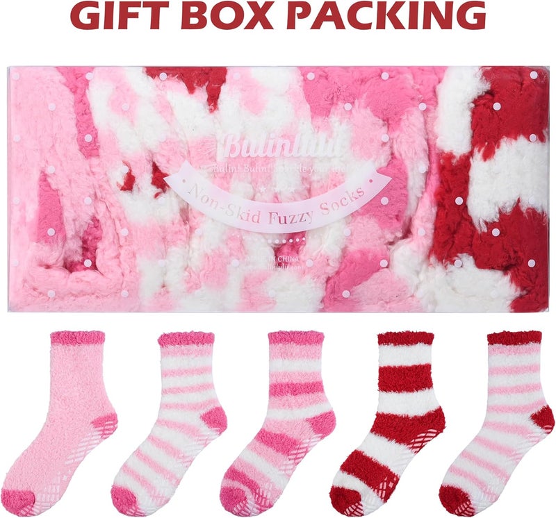 Bulinlulu Fuzzy Socks with Grips for Women 5-Pairs Non Slip Sleep Warm Fluffy Slipper Socks with Grippers for Women - Image 2