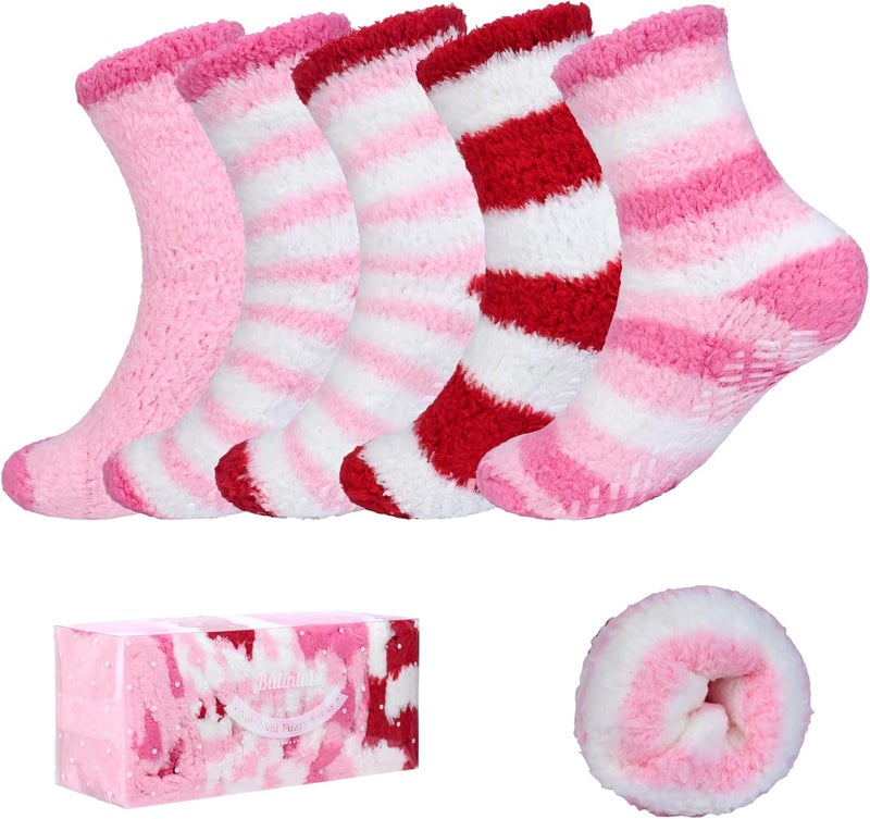 Bulinlulu Fuzzy Socks with Grips for Women 5-Pairs Non Slip Sleep Warm Fluffy Slipper Socks with Grippers for Women - Image 1