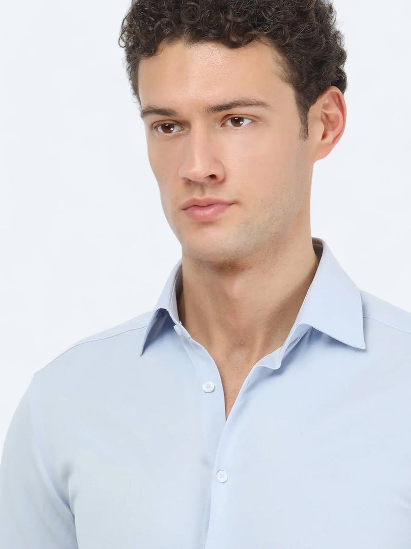 Kip Light Blue Plain Slim Fit Weaving Classical Cotton Blended Shirt - Image 3