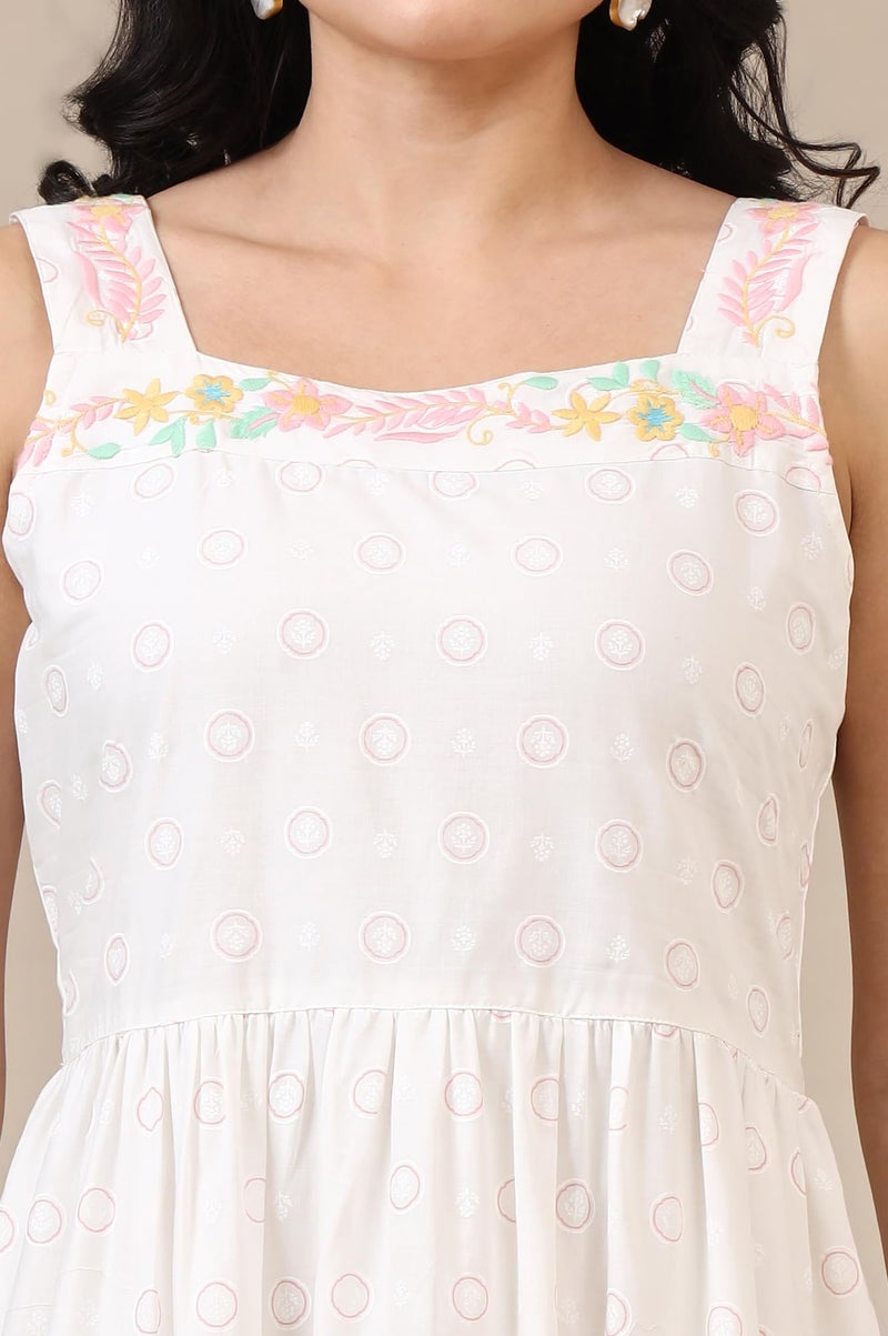 Aurelia Women's White Printed Thread Embroidered Pure Cotton Tiered Dress (Size: L)-A15332-509096 - Image 3