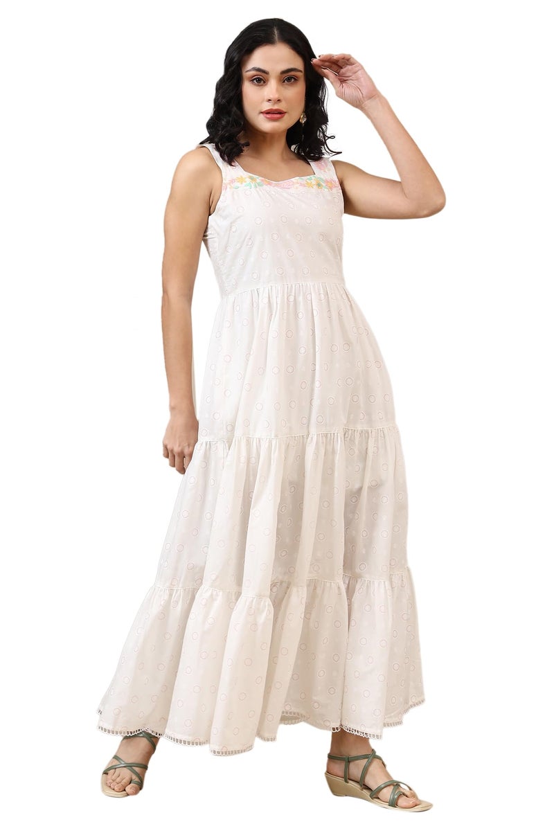 Aurelia Women's White Printed Thread Embroidered Pure Cotton Tiered Dress (Size: L)-A15332-509096 - Image 1