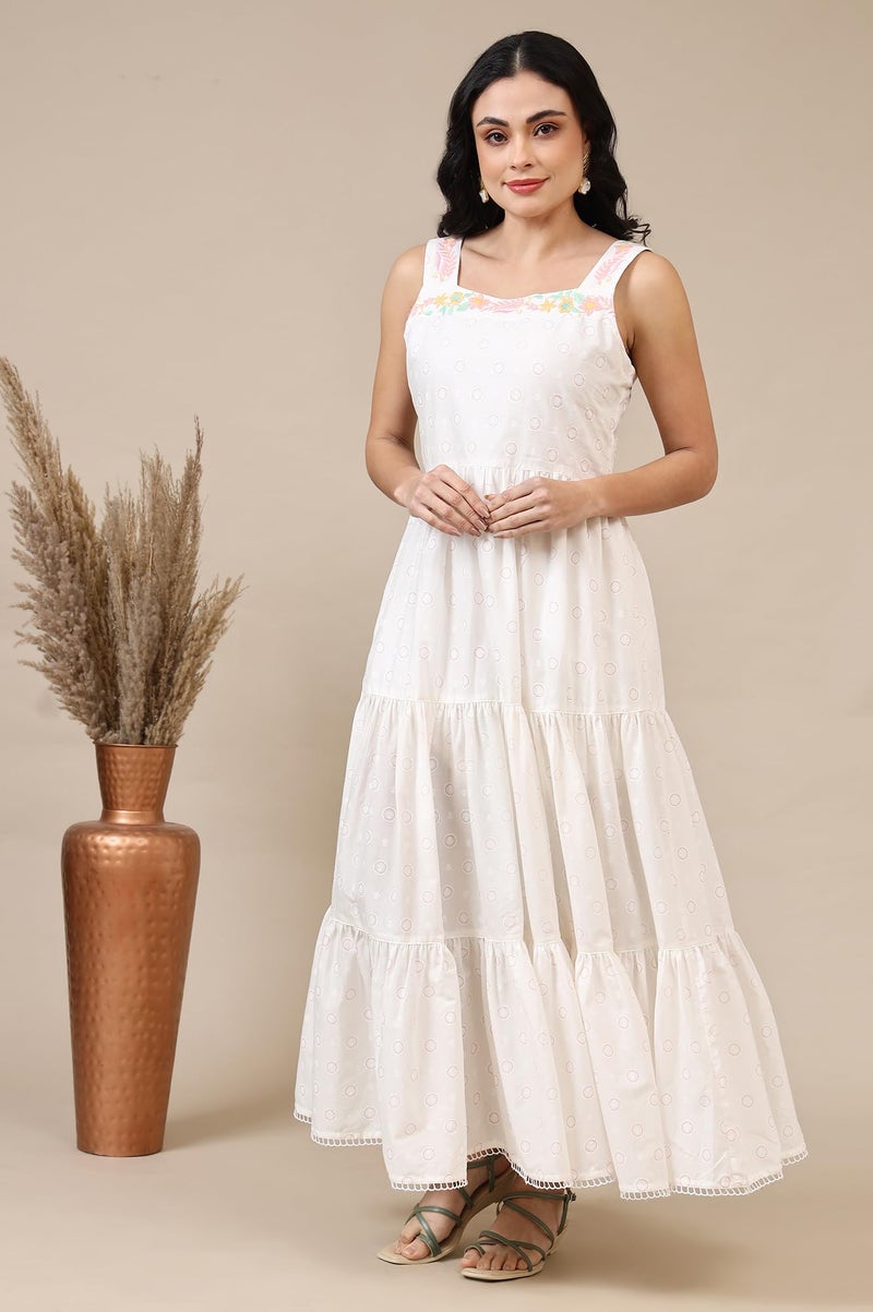 Aurelia Women's White Printed Thread Embroidered Pure Cotton Tiered Dress (Size: L)-A15332-509096 - Image 4