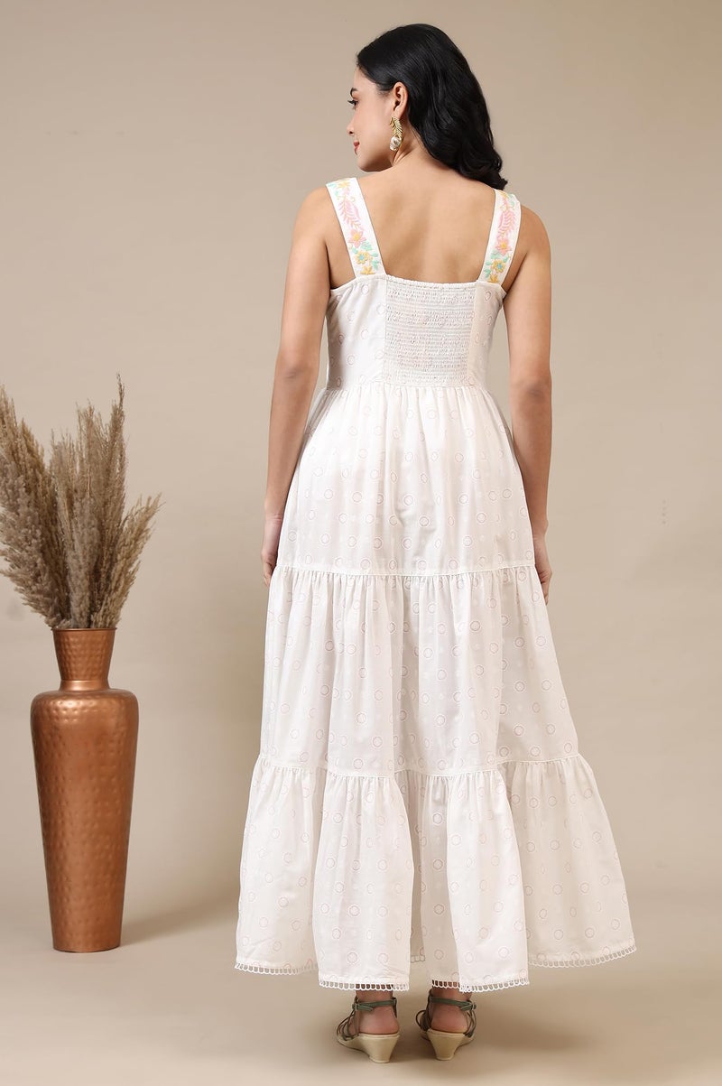 Aurelia Women's White Printed Thread Embroidered Pure Cotton Tiered Dress (Size: L)-A15332-509096 - Image 5