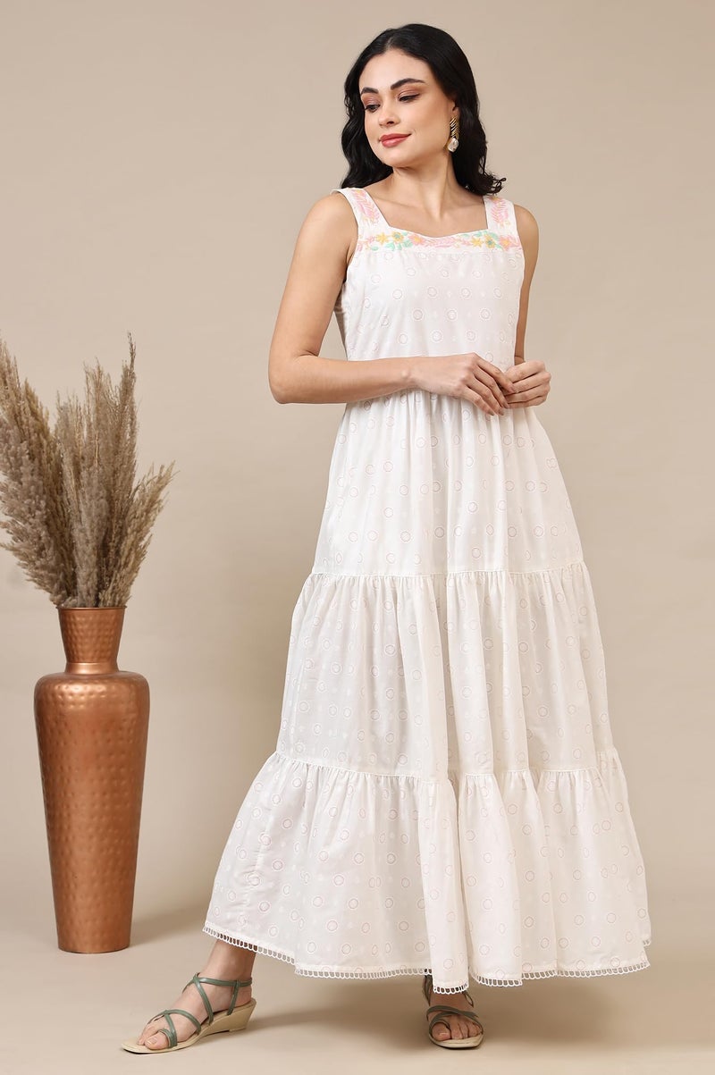 Aurelia Women's White Printed Thread Embroidered Pure Cotton Tiered Dress (Size: L)-A15332-509096 - Image 2