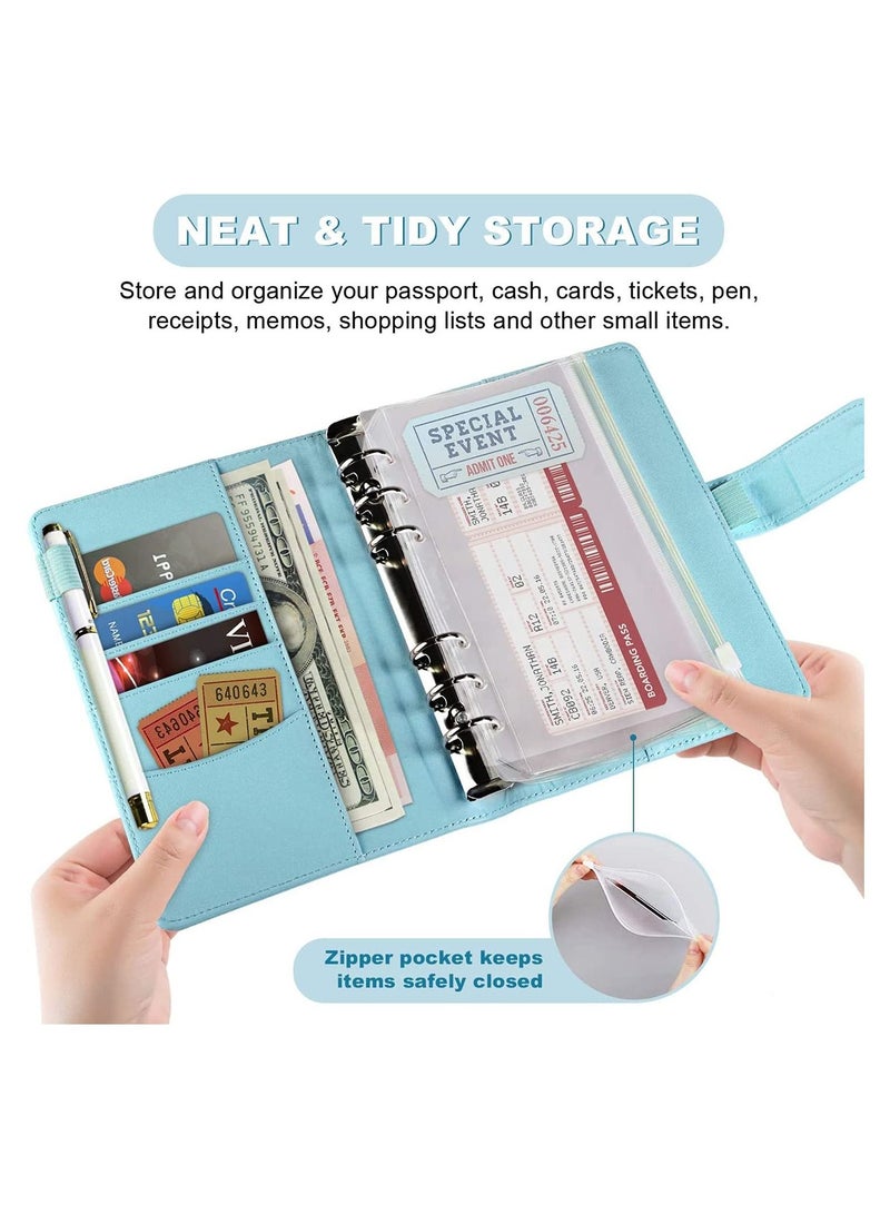 Budget Binder, Binder with Zipper Envelopes 14Pcs Pockets A6 Leather Cover, Money Organizer Clear Loose Leaf Bags for Cash Envelopes, Bill Waterproof and Durable, (Blue) - Image 5