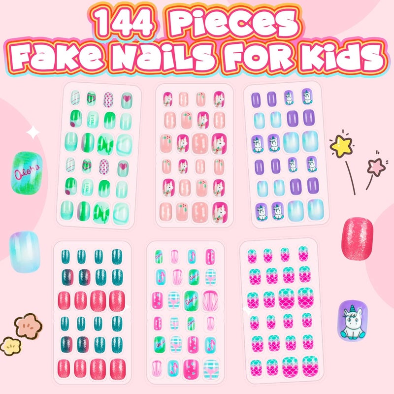 AGGKKY 144 Pieces 6 Pack Kids Press on Nails Artificial Fake Nails for Kids Girls Pre Glue Full Cover Short Acrylic False Nail Tips Art Kits Gifts for Girls Nail Art Decoration (Sweet Pattern) - Image 2