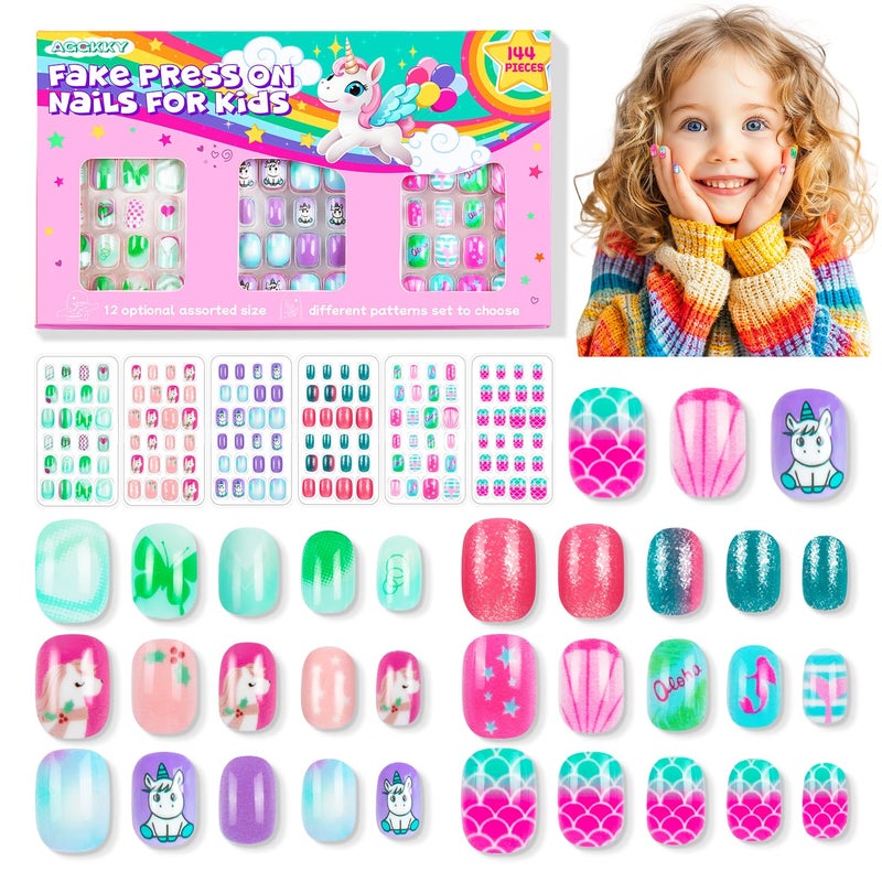 AGGKKY 144 Pieces 6 Pack Kids Press on Nails Artificial Fake Nails for Kids Girls Pre Glue Full Cover Short Acrylic False Nail Tips Art Kits Gifts for Girls Nail Art Decoration (Sweet Pattern) - Image 1