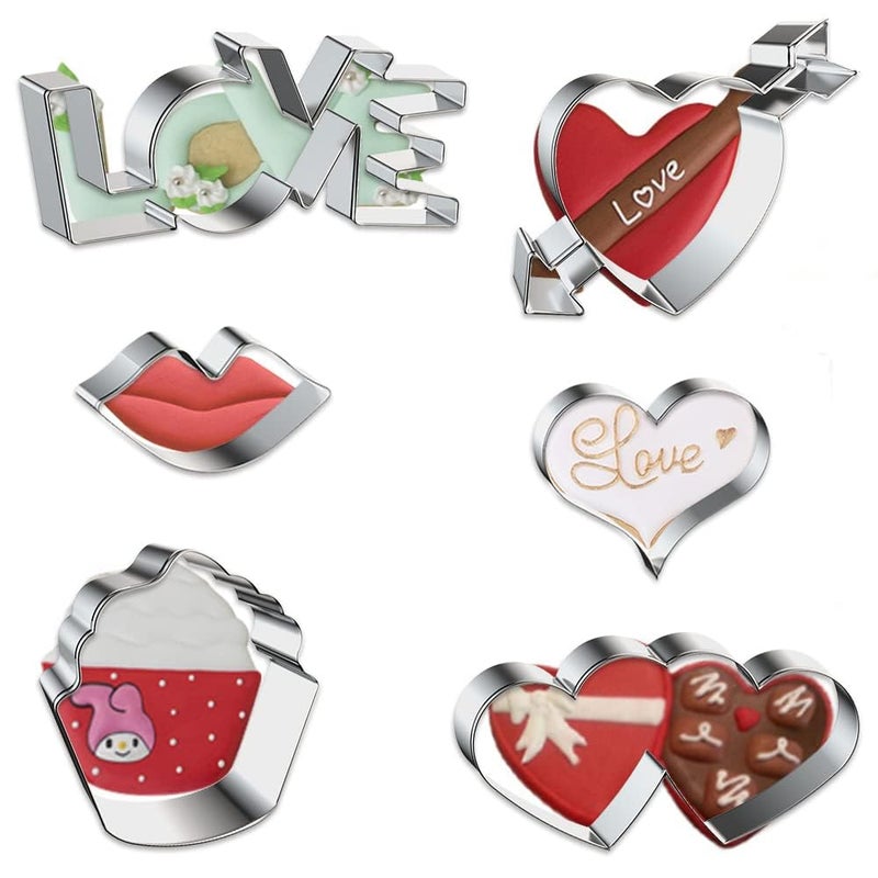 Hying 6 PCS Valentine's Day Love Hearts Cookie Cutter Set for Baking, Kiss Cake Cookie Cutters Stainless Steel Valentines Cake Biscuit Cutters Molds Sets for Wedding Party DIY Baking - Image 1