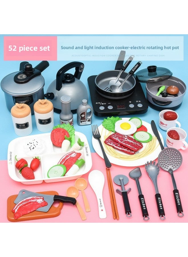 Children's Play Kitchen Toy Set Girls Cooking Boy Baby Simulation Induction Cooker Cooking Kitchenware Set-Color:Upgraded Silver 52-piece Set (electric Rotating Hot Pot Version) - Image 1