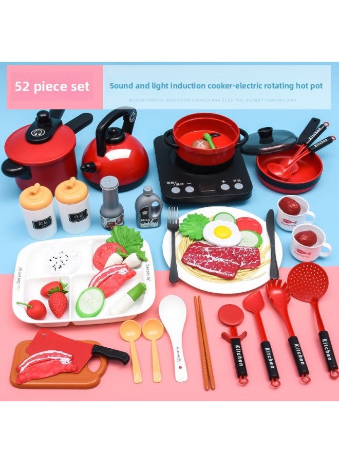 Children's Play Kitchen Toy Set Girls Cooking Boy Baby Simulation Induction Cooker Cooking Kitchenware Set-Color:Upgraded Silver 52-piece Set (electric Rotating Hot Pot Version) - Image 3