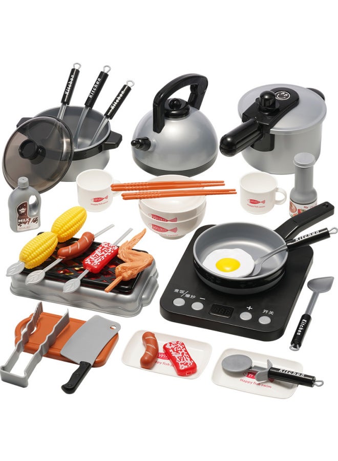 Children's Play Kitchen Toy Set Girls Cooking Boy Baby Simulation Induction Cooker Cooking Kitchenware Set-Color:Upgraded Silver 52-piece Set (electric Rotating Hot Pot Version) - Image 2