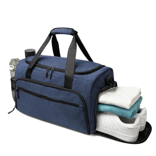 SOAEON Gym Bag for Men Women, Small Fitness Workout Sports Duffle Bag with Wet Pocket & Shoes Compartment, Water Resistant Overnight Weekender Duffel Bag in Blue - Image 1