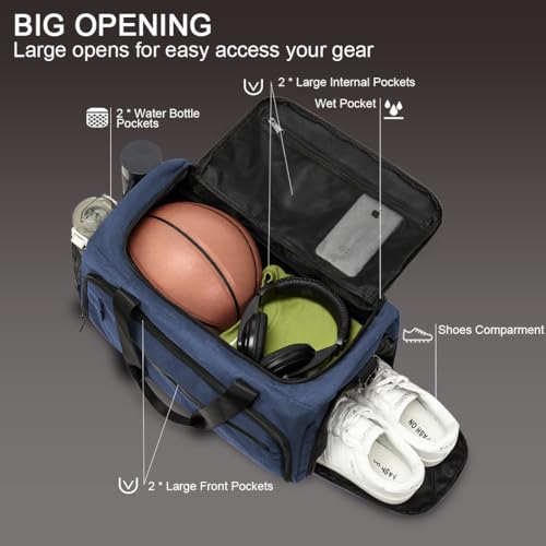 SOAEON Gym Bag for Men Women, Small Fitness Workout Sports Duffle Bag with Wet Pocket & Shoes Compartment, Water Resistant Overnight Weekender Duffel Bag in Blue - Image 3