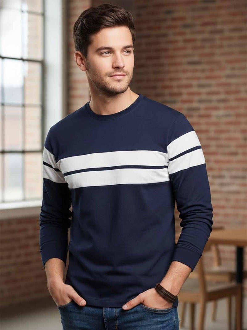 LEOTUDE Stylist Regular fit Full Sleeve Cottonblend Colourblock Round Neck Tshirt for Man (18_Brown_P_White_3XL) - Image 2