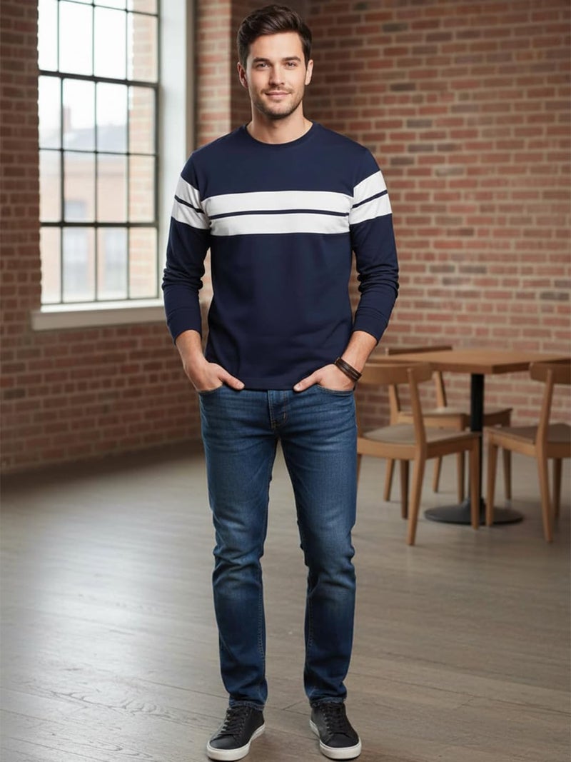 LEOTUDE Stylist Regular fit Full Sleeve Cottonblend Colourblock Round Neck Tshirt for Man (18_Brown_P_White_3XL) - Image 5