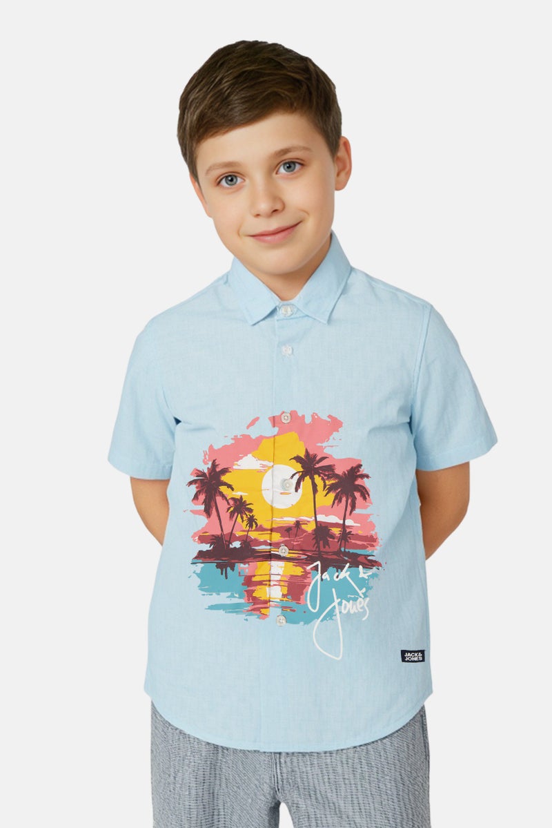 JACK & JONES Kids Boy Graphic Print Short Sleeve Casual Shirt, Light Blue - Image 1