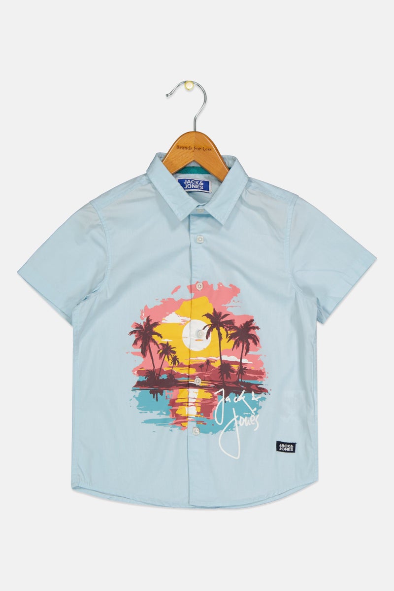 JACK & JONES Kids Boy Graphic Print Short Sleeve Casual Shirt, Light Blue - Image 2