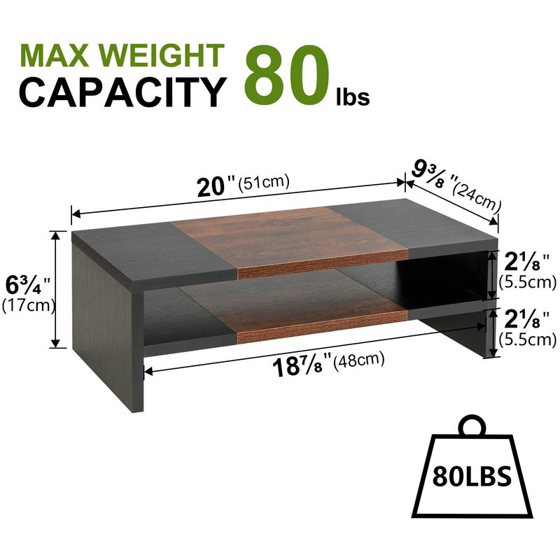 TEAMIX حامل شاشة مكتبي من تيمكس بارتفاعين 20 بوصة لحامل الطابعة مع تخزين، حامل تلفاز صغير، منظم مكتب خشبي، رف كتب (أسود + بني، 2 ارتفاع)  - Image 5