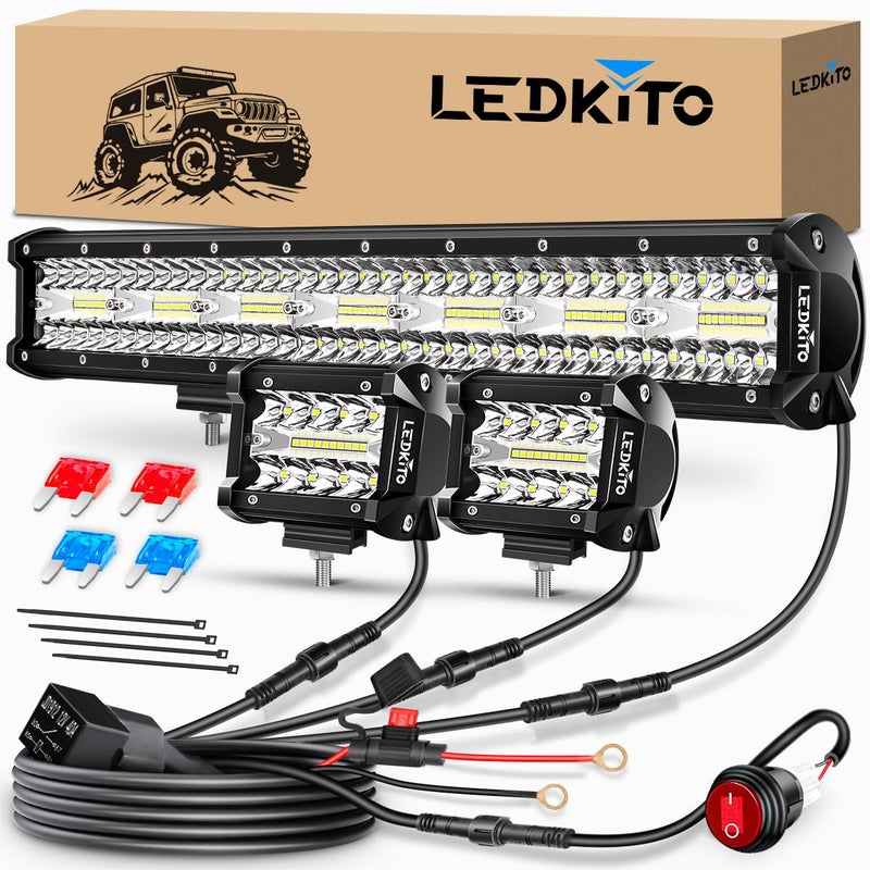 LEDKITO 20 Inch LED Light Bar and 2PCS 4 Inch Led Pod Lights with Switch 16AWG 3 Leads Wiring Harness Triple Row Spot Flood Combo Off Road Lights Bar Light for Pickup Je-ep Truck Tractor UTV Boat - Image 1