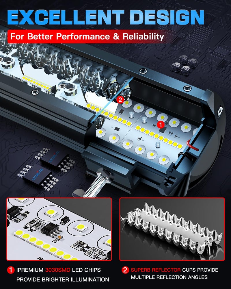 LEDKITO 20 Inch LED Light Bar and 2PCS 4 Inch Led Pod Lights with Switch 16AWG 3 Leads Wiring Harness Triple Row Spot Flood Combo Off Road Lights Bar Light for Pickup Je-ep Truck Tractor UTV Boat - Image 4