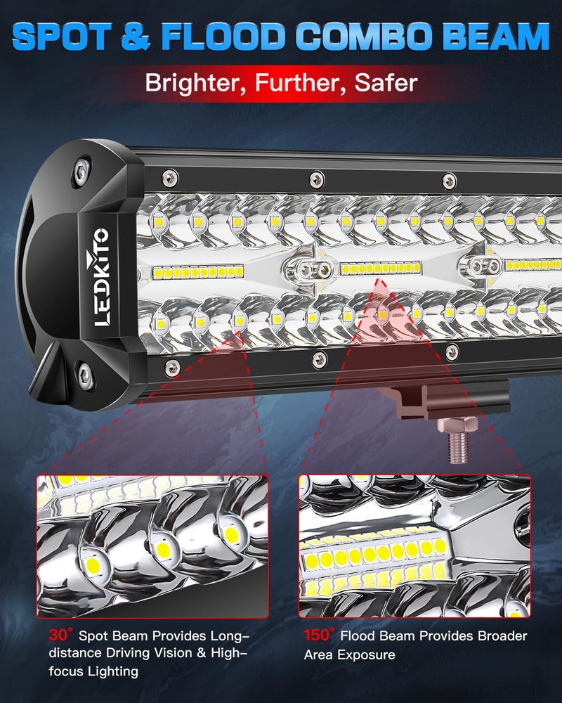 LEDKITO 20 Inch LED Light Bar and 2PCS 4 Inch Led Pod Lights with Switch 16AWG 3 Leads Wiring Harness Triple Row Spot Flood Combo Off Road Lights Bar Light for Pickup Je-ep Truck Tractor UTV Boat - Image 5