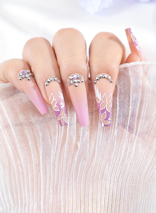 24 pieces press-on nail art patches, with nail tools, orange and purple gradient diamond nails, trapezoidal long nails, fingertip slender, temperament celebrity style, convenient patches, easy to remove does not hurt the nail, healthy and safe - Image 2