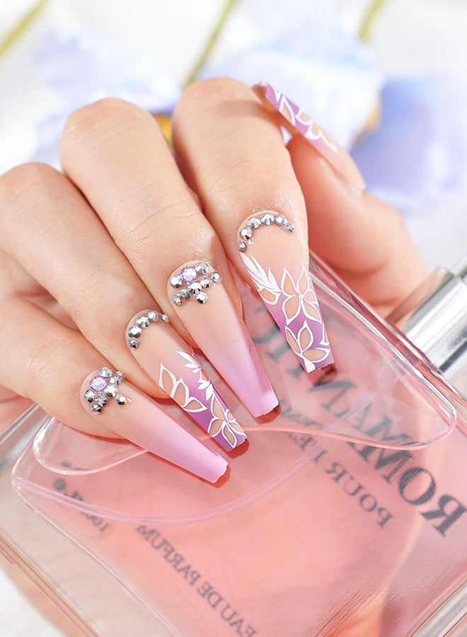 24 pieces press-on nail art patches, with nail tools, orange and purple gradient diamond nails, trapezoidal long nails, fingertip slender, temperament celebrity style, convenient patches, easy to remove does not hurt the nail, healthy and safe - Image 4