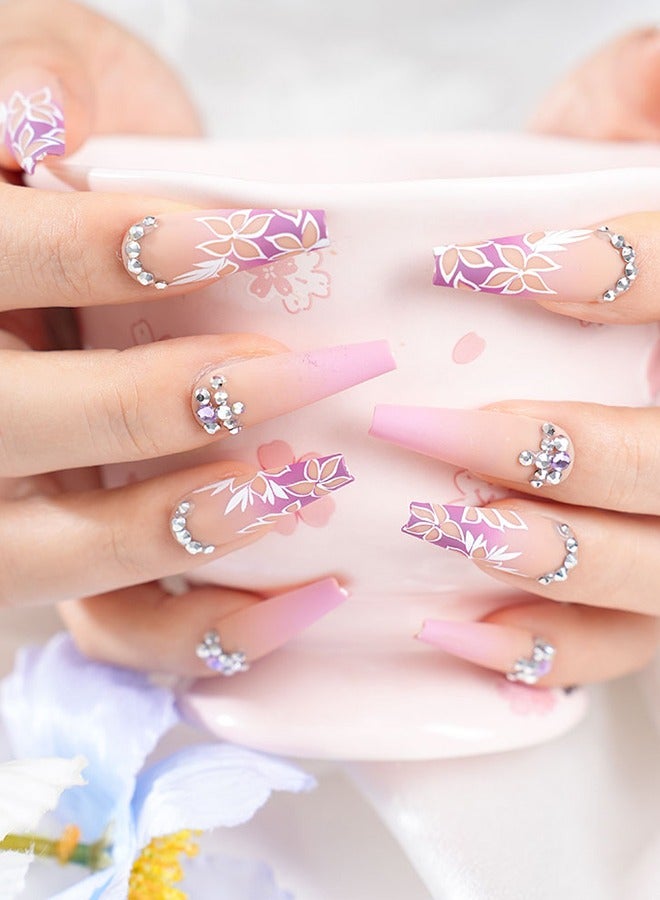 24 pieces press-on nail art patches, with nail tools, orange and purple gradient diamond nails, trapezoidal long nails, fingertip slender, temperament celebrity style, convenient patches, easy to remove does not hurt the nail, healthy and safe - Image 1