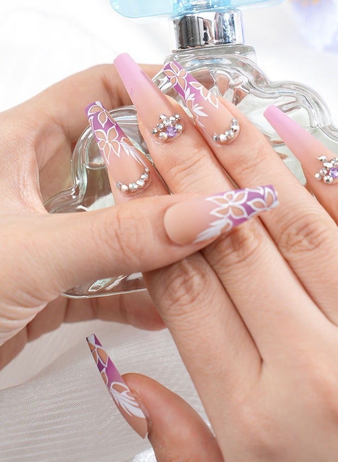 24 pieces press-on nail art patches, with nail tools, orange and purple gradient diamond nails, trapezoidal long nails, fingertip slender, temperament celebrity style, convenient patches, easy to remove does not hurt the nail, healthy and safe - Image 3