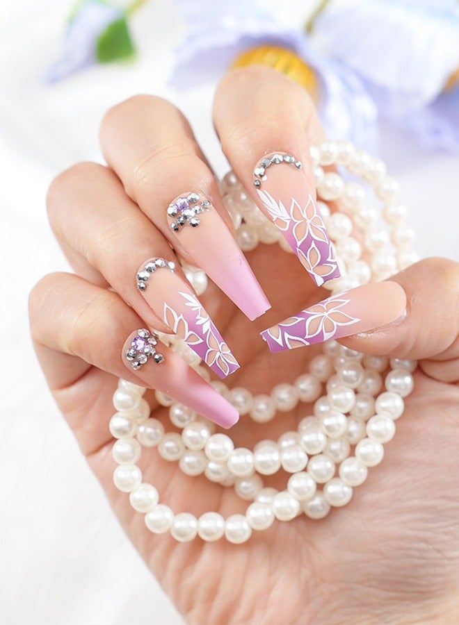 24 pieces press-on nail art patches, with nail tools, orange and purple gradient diamond nails, trapezoidal long nails, fingertip slender, temperament celebrity style, convenient patches, easy to remove does not hurt the nail, healthy and safe - Image 5