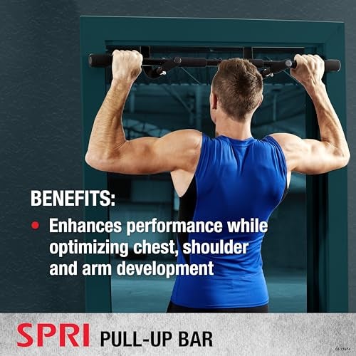 SPRI سبري بار سحب - بار سحب مثبت على إطار الباب بـ 8 قبضة لتمارين متعددة - إطار فولاذي متين مع مقابض مغطاة بالفوم - يدعم حتى 300 رطل - يناسب إطارات الأبواب حتى 32 بوصة عرضًا - أسود - Image 2