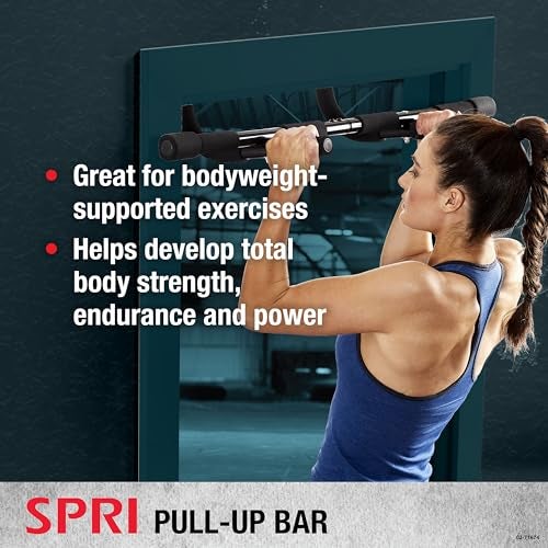 SPRI سبري بار سحب - بار سحب مثبت على إطار الباب بـ 8 قبضة لتمارين متعددة - إطار فولاذي متين مع مقابض مغطاة بالفوم - يدعم حتى 300 رطل - يناسب إطارات الأبواب حتى 32 بوصة عرضًا - أسود - Image 3