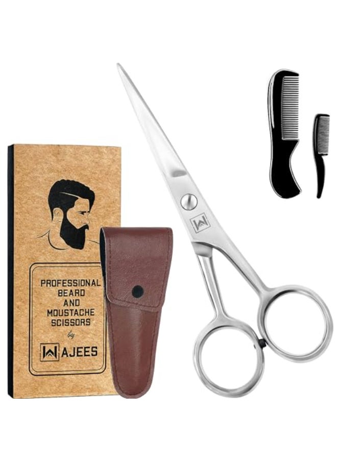 WAJEES Mustache Beard Scissors for Men Stainless Steel Grooming Kit with Comb Travel Case Sharp Facial Hair Trimming Tool for Mustache Beard Nose Eyebrows - Image 1