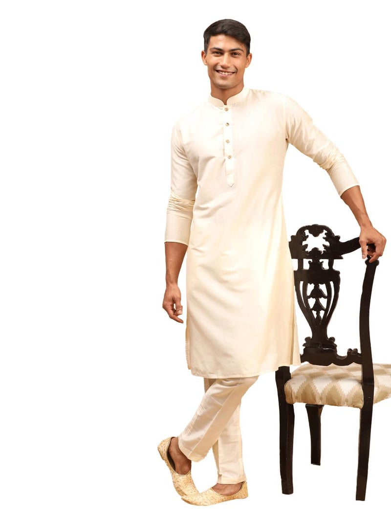 VASTRAMAY Men Viscose Kurta Pant Pyjama Set | Knee Length Mandarin Collar Kurta with Cream Pant Style Pyjama | Ethnic Wear (VASMK091CRnPANT002CR_40) - Image 1