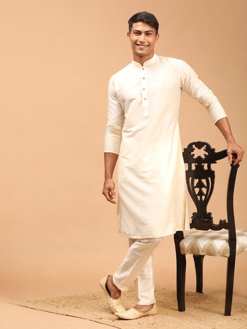 VASTRAMAY Men Viscose Kurta Pant Pyjama Set | Knee Length Mandarin Collar Kurta with Cream Pant Style Pyjama | Ethnic Wear (VASMK091CRnPANT002CR_40) - Image 2
