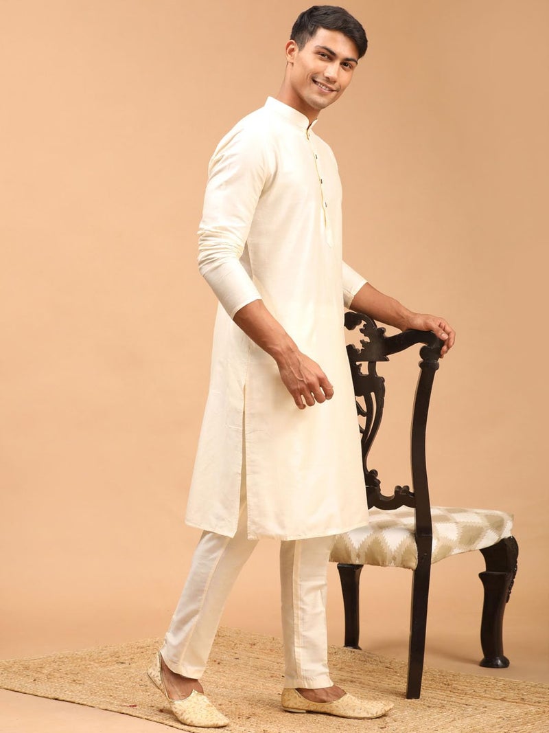 VASTRAMAY Men Viscose Kurta Pant Pyjama Set | Knee Length Mandarin Collar Kurta with Cream Pant Style Pyjama | Ethnic Wear (VASMK091CRnPANT002CR_40) - Image 3