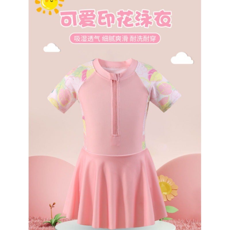 Generic Girls Summer Swimsuit 2-piece Set Beach Playsuit Comfortable Childrens Clothing Womens Bathsuit Pink Skirt Hat 