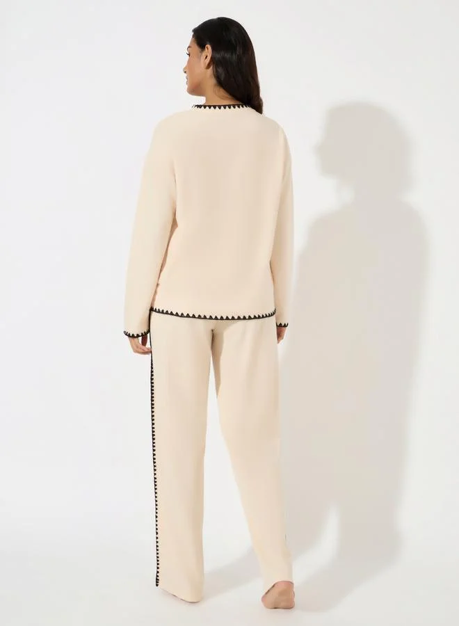 Styli Contrast Stitch Long Sleeve Top & Wide Leg Lounge Set