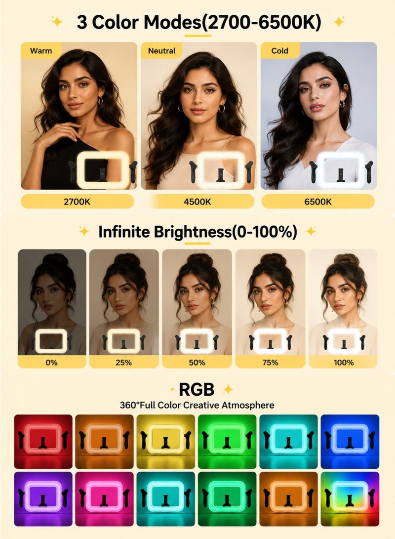 عينة ضوء فيديو محمول باليد بإضاءة RGB مع تحكم عبر البلوتوث، طقم إضاءة خلفية حلقي ذاتي للتصوير، إضاءة ذاتية قابلة للضبط من 2700K إلى 6500K، مناسب لتطبيقات تيك توك ويوتيوب وتصوير المكياج والطعام والمنتجات - Image 2