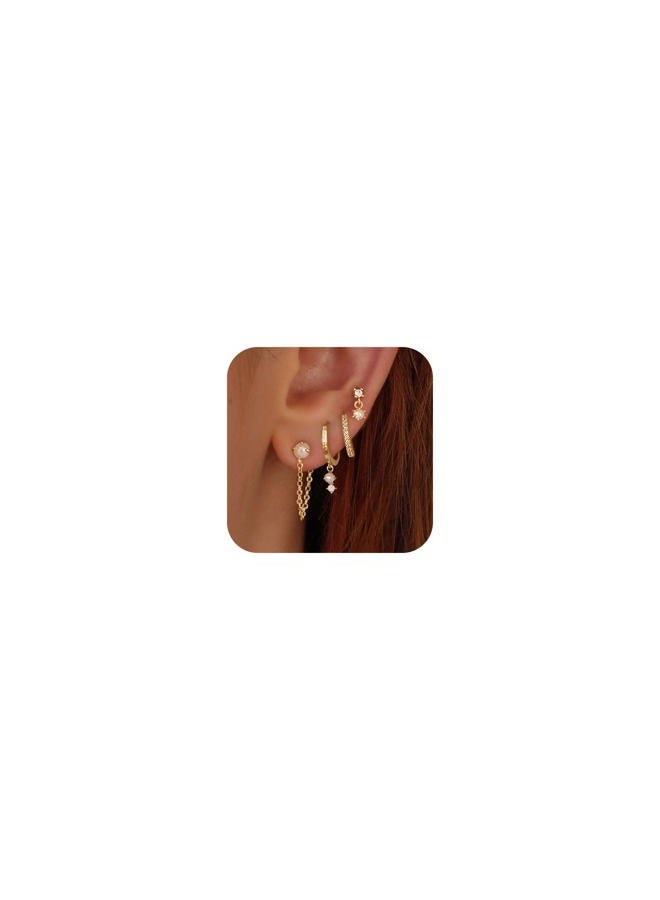 Ewrkbrㅤ Gold Earrings for Women, 14k Gold Plated Dangle Huggie Earrings for Women Trendy Dainty Gold Hoop Earring Stacks Hypoallergenic Pearl Chain Drop Cartilage Earring Fashion Womens Jewelry, Brass, No - Image 1