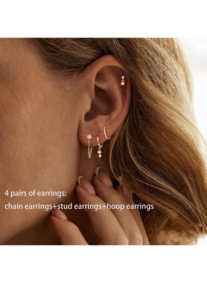 Ewrkbrㅤ Gold Earrings for Women, 14k Gold Plated Dangle Huggie Earrings for Women Trendy Dainty Gold Hoop Earring Stacks Hypoallergenic Pearl Chain Drop Cartilage Earring Fashion Womens Jewelry, Brass, No - Image 3