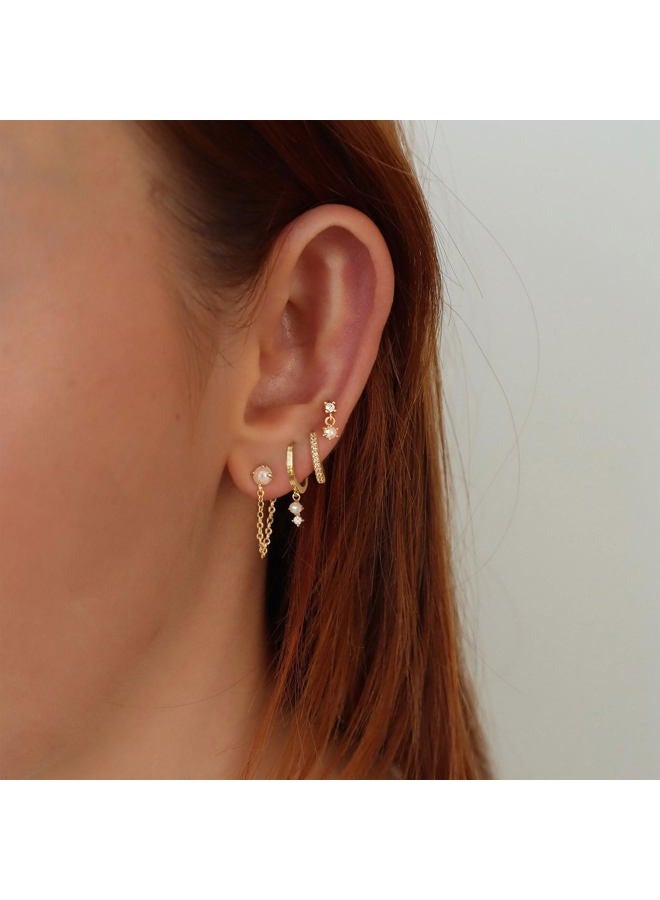 Ewrkbrㅤ Gold Earrings for Women, 14k Gold Plated Dangle Huggie Earrings for Women Trendy Dainty Gold Hoop Earring Stacks Hypoallergenic Pearl Chain Drop Cartilage Earring Fashion Womens Jewelry, Brass, No - Image 2