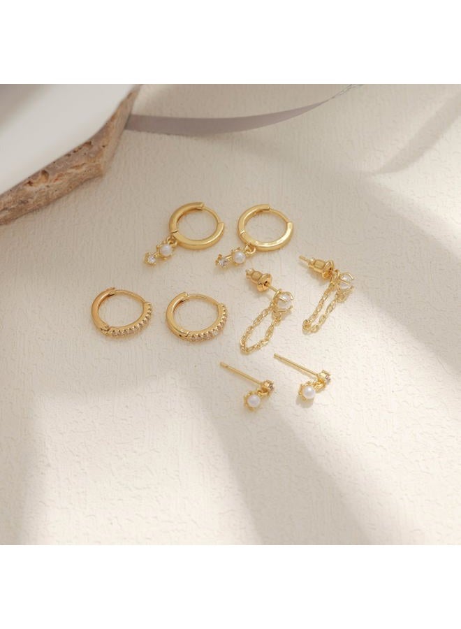 Ewrkbrㅤ Gold Earrings for Women, 14k Gold Plated Dangle Huggie Earrings for Women Trendy Dainty Gold Hoop Earring Stacks Hypoallergenic Pearl Chain Drop Cartilage Earring Fashion Womens Jewelry, Brass, No - Image 4
