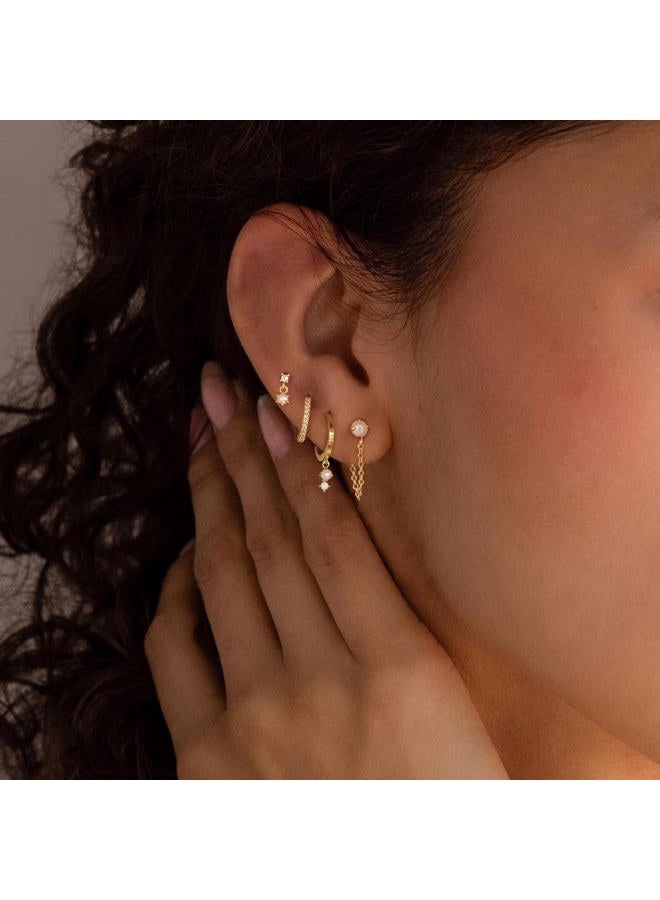 Ewrkbrㅤ Gold Earrings for Women, 14k Gold Plated Dangle Huggie Earrings for Women Trendy Dainty Gold Hoop Earring Stacks Hypoallergenic Pearl Chain Drop Cartilage Earring Fashion Womens Jewelry, Brass, No - Image 5