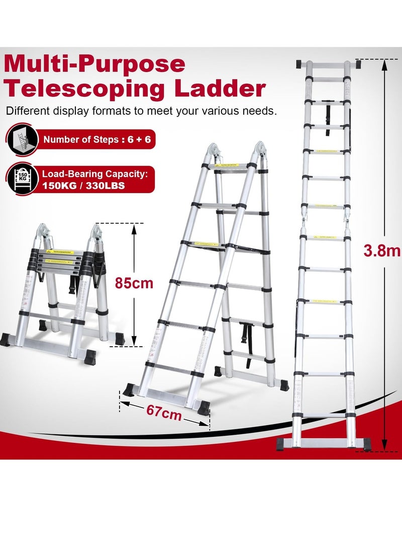 Aluminum folding telescopic ladder, 3.8m extendable ladder, non-slip aluminum ladder, stair ladder, multifunction ladder, extendable telescopic ladder with 150kg load capacity. - Image 2