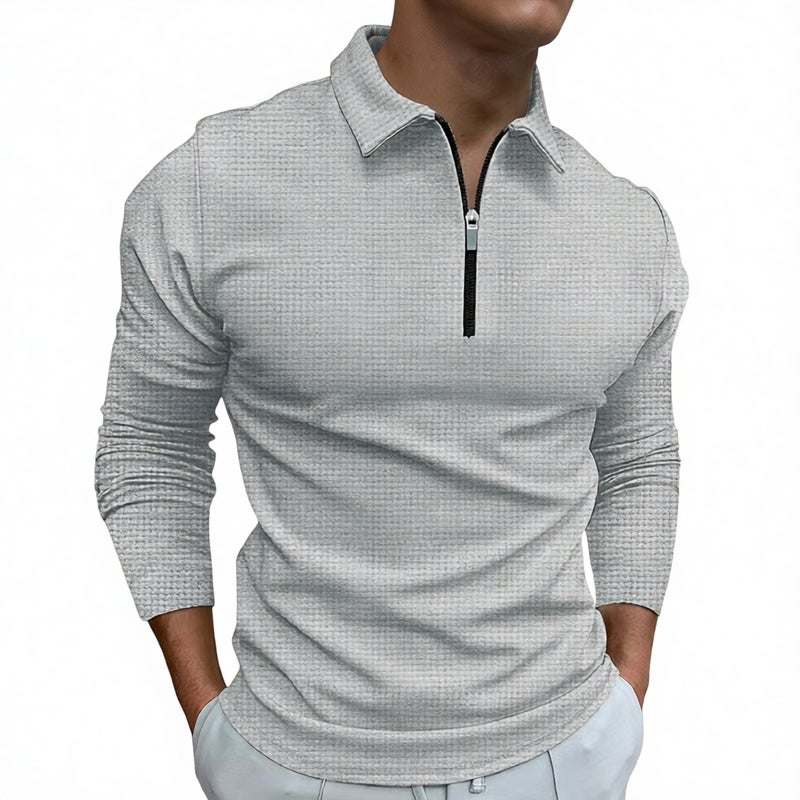 Men's Half Zip Waffle Knit Long Sleeve Polo Shirt with Turn-Down Collar - Image 1