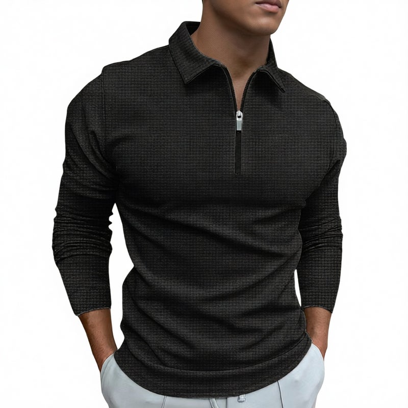 Men's Half Zip Waffle Knit Long Sleeve Polo Shirt with Turn-Down Collar - Image 5